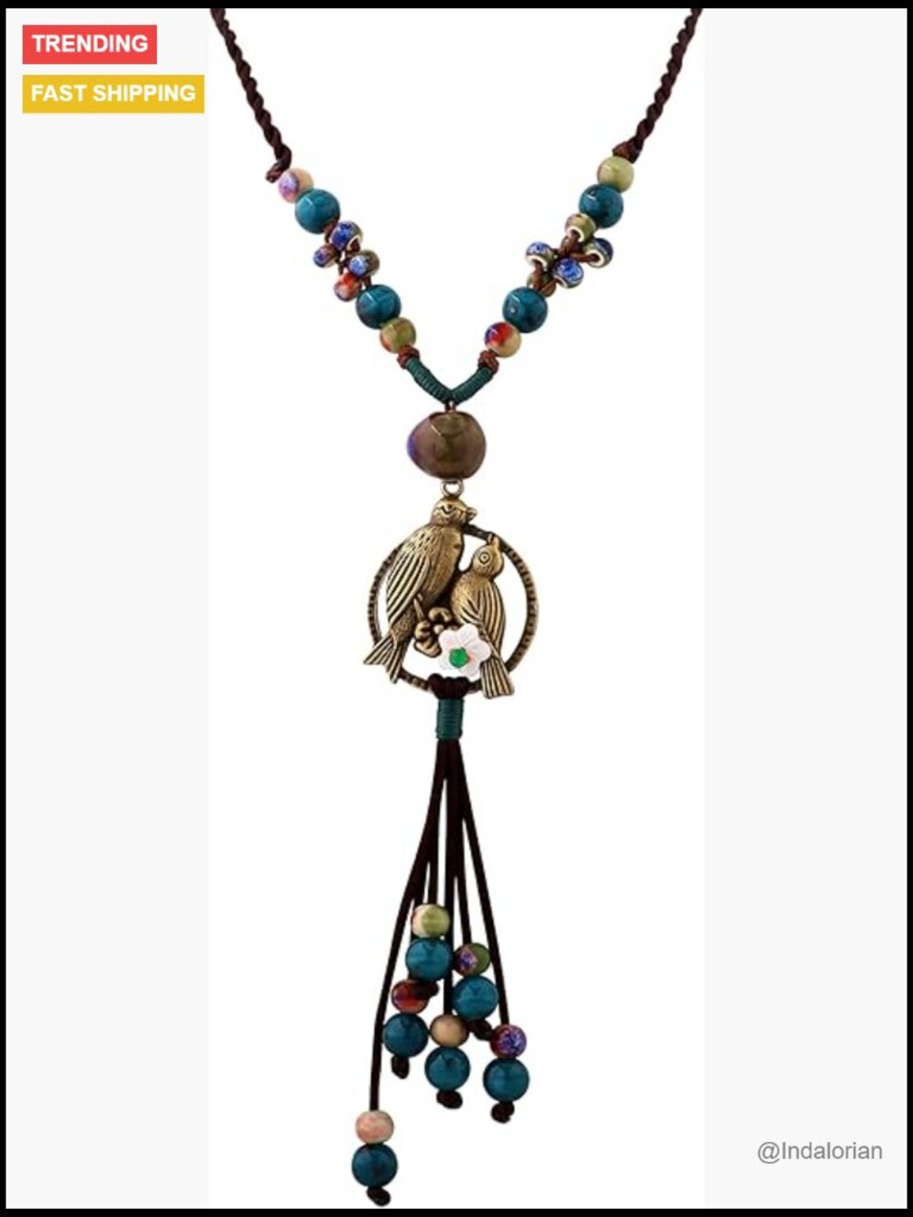 Boho Hippie Ceramic Beads Strand O Ring Circle Charm Y Necklace, Vintage